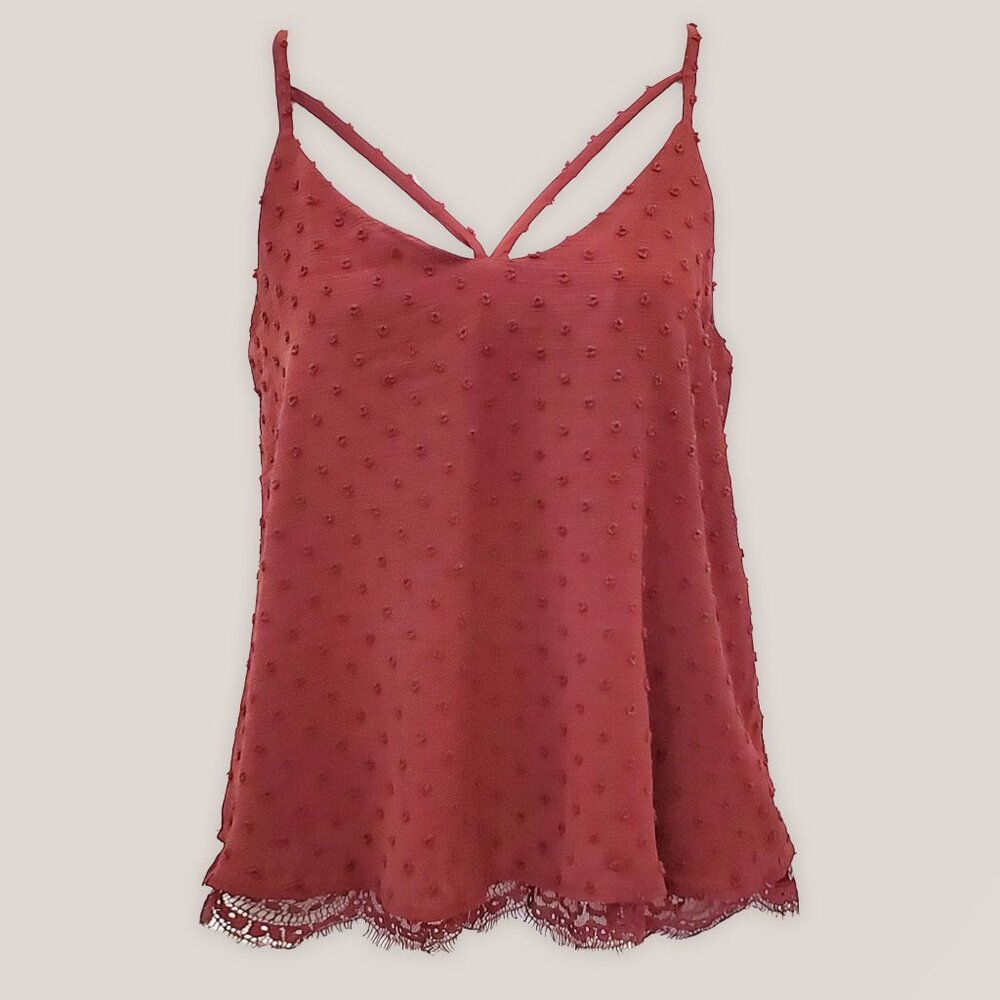 Xhilaration Burgundy Top | Lace Bottom Strappy Red Rose Shirt